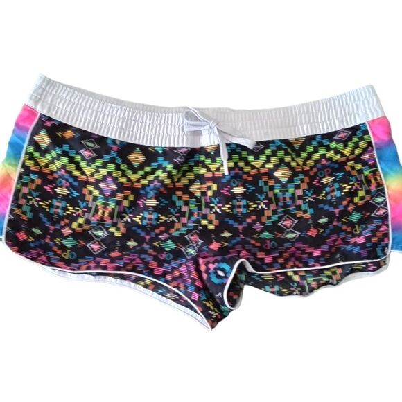 OP Pants - OP Black Neon Aztec Print Women’s Shorts with White Waistband